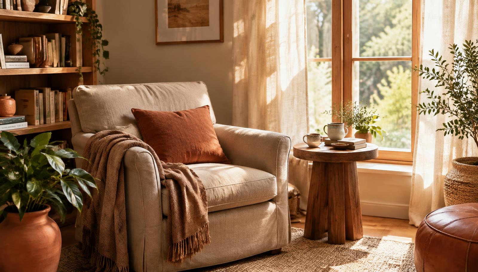 A cosy armchair by a sunlit window