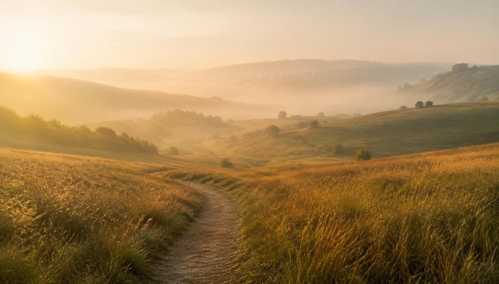 A path winding through golden hills at sunrise