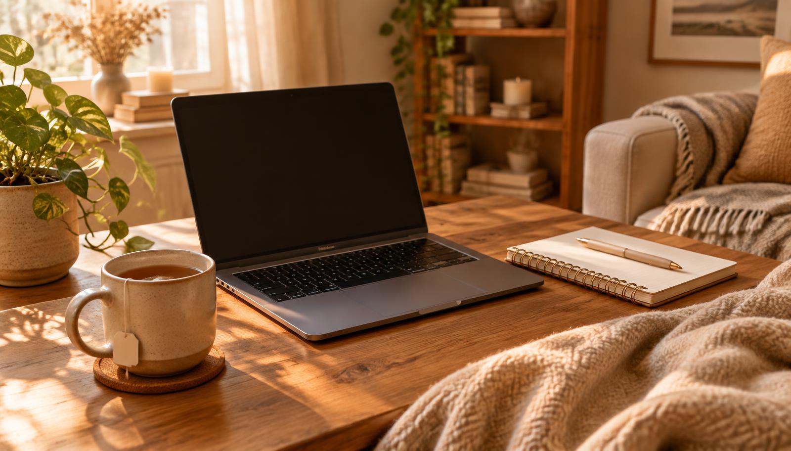 A laptop and cup of tea set up at home for an online session